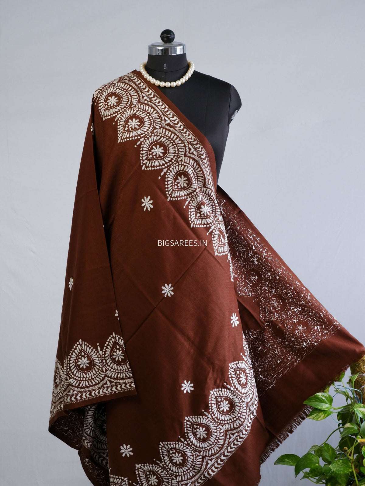 Kantha Stitch Hand-Embroidered Shawl | Woollen | Brown