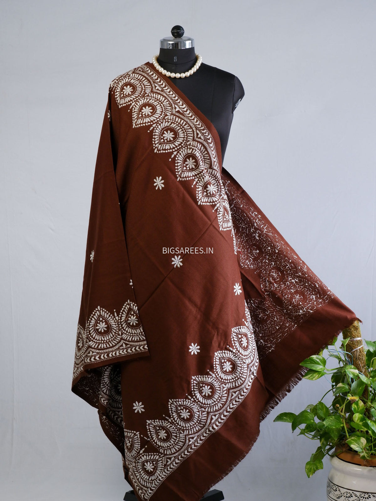 Kantha Stitch Hand-Embroidered Shawl | Woollen | Brown