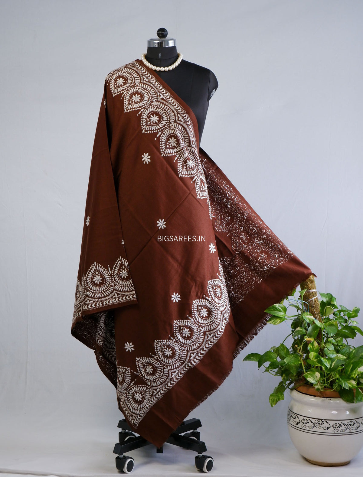 Kantha Stitch Hand-Embroidered Shawl | Woollen | Brown