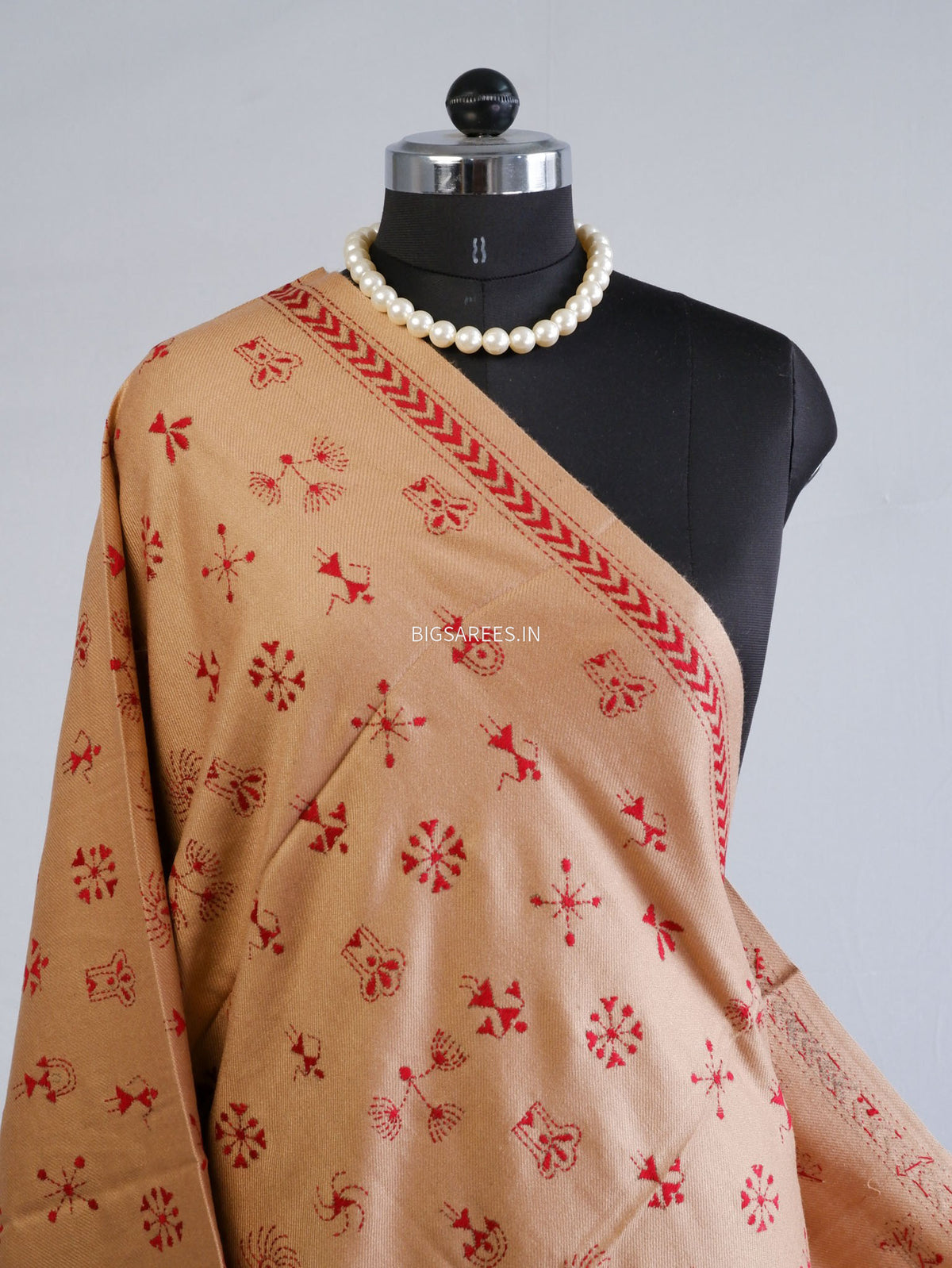 Kantha Stitch Hand-Embroidered Shawl | Woollen | Light Brown