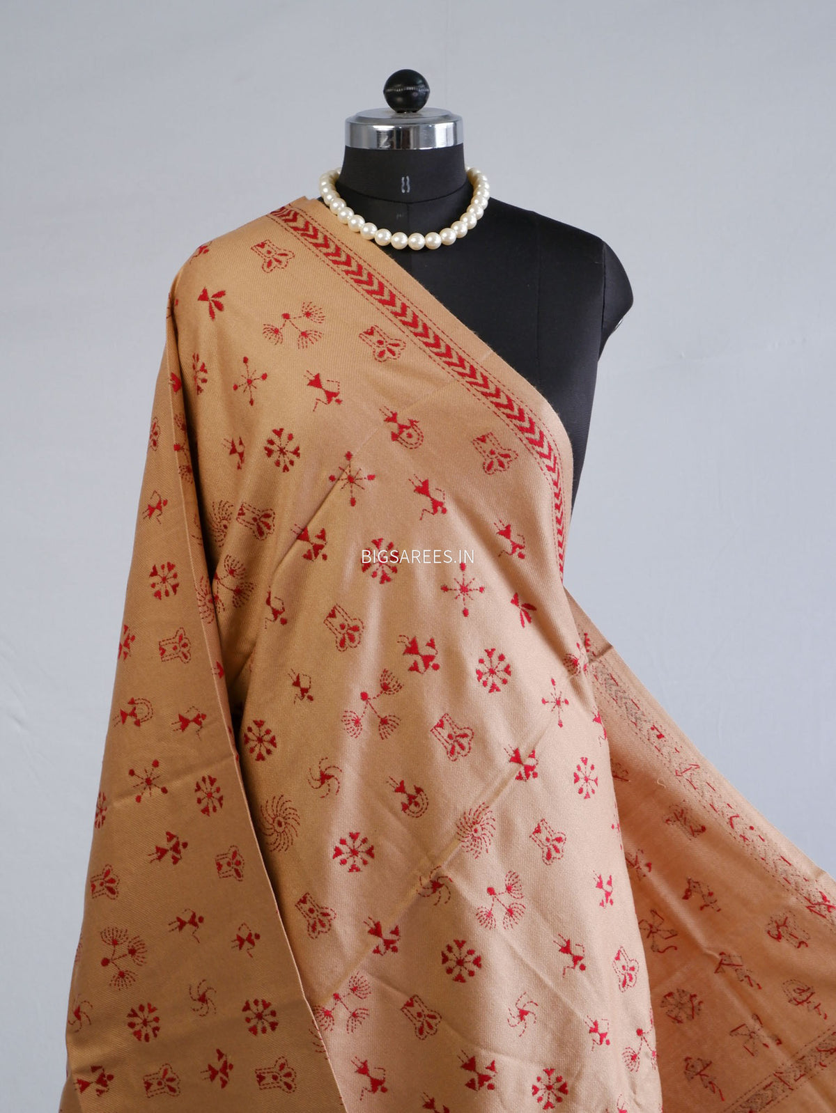 Kantha Stitch Hand-Embroidered Shawl | Woollen | Light Brown