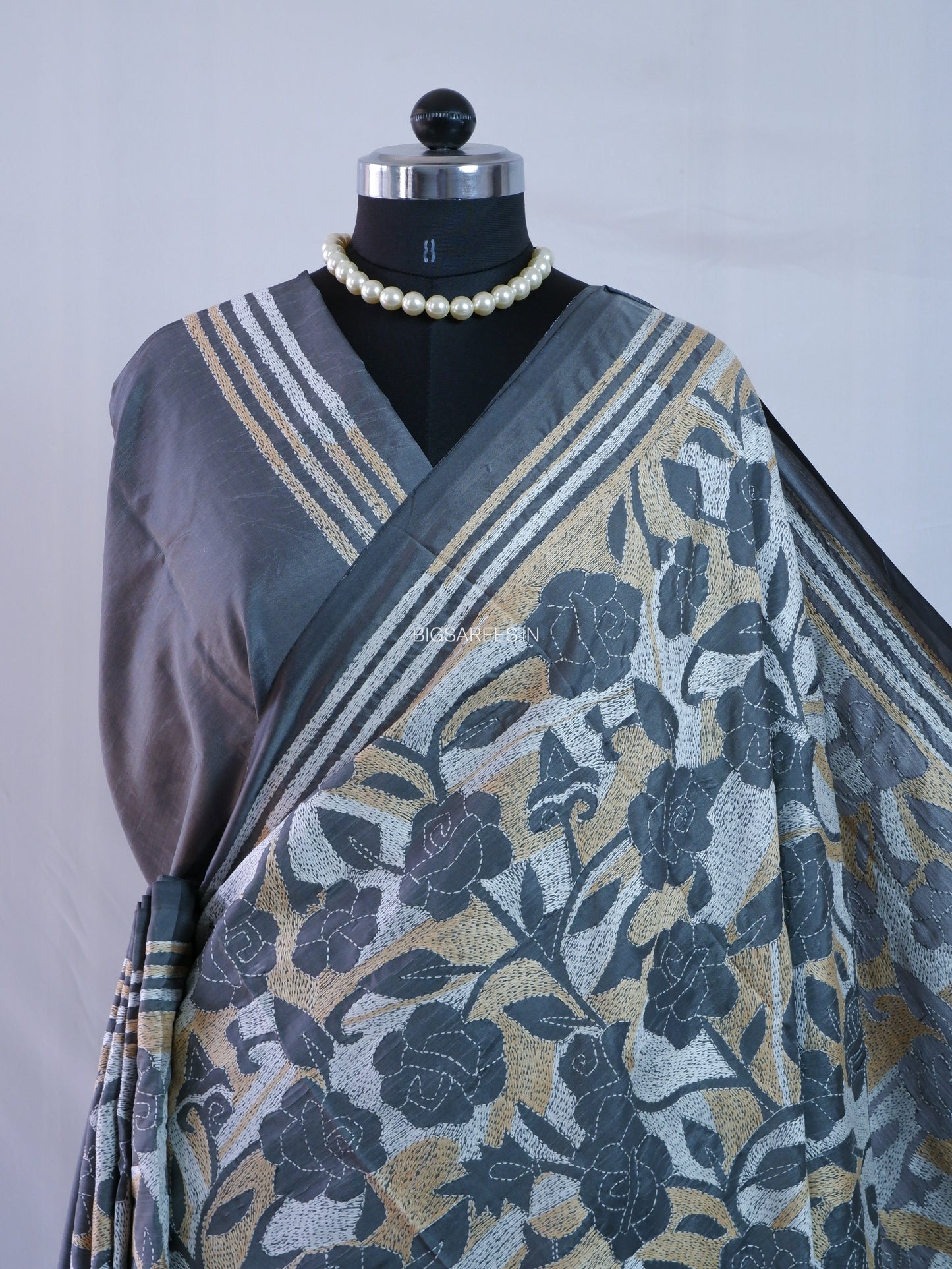 Kantha - Stitch Hand Embroidered Saree | Blended Bangalore Silk / Art Silk | Grey
