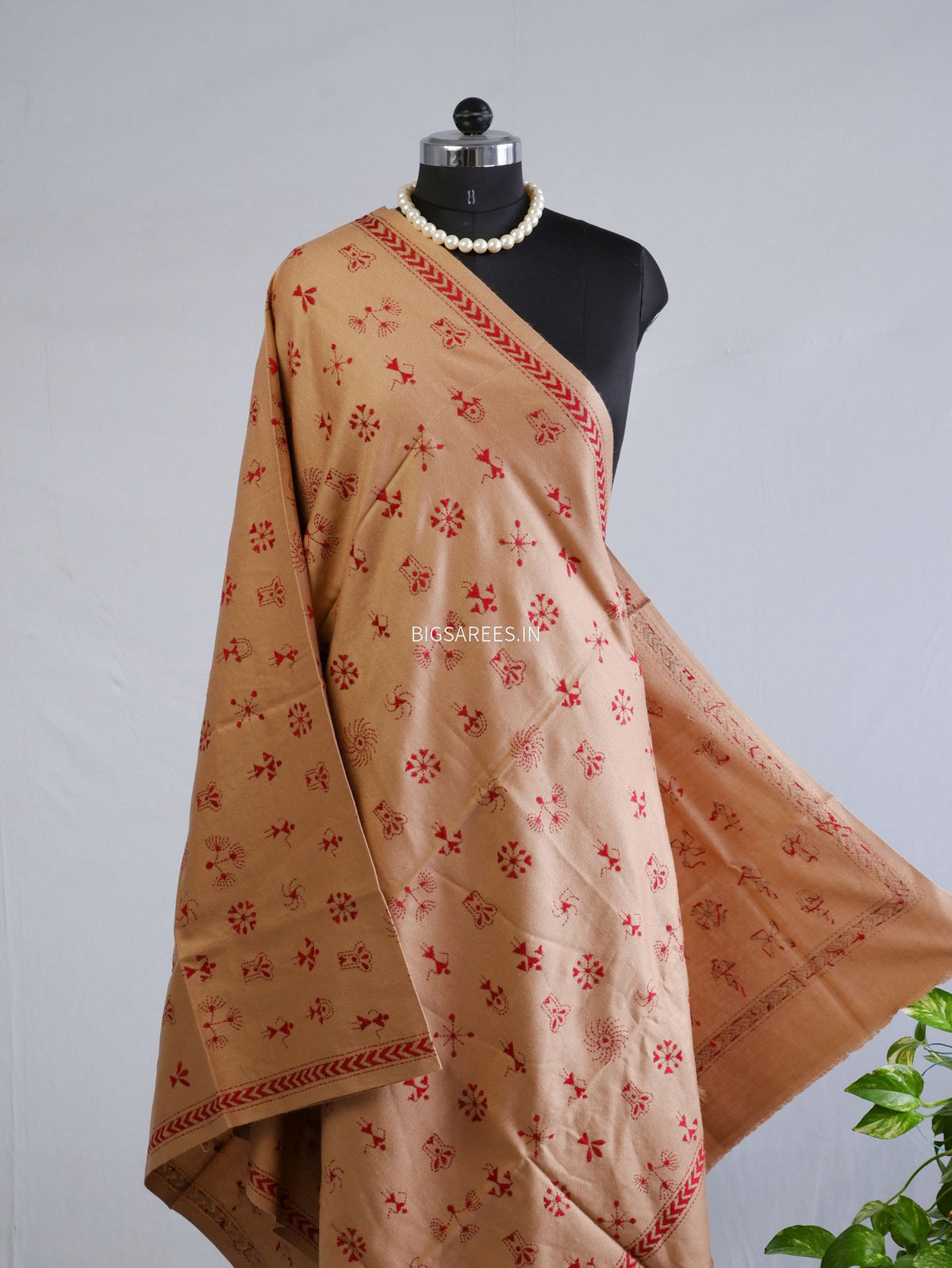 Kantha Stitch Hand-Embroidered Shawl | Woollen | Light Brown