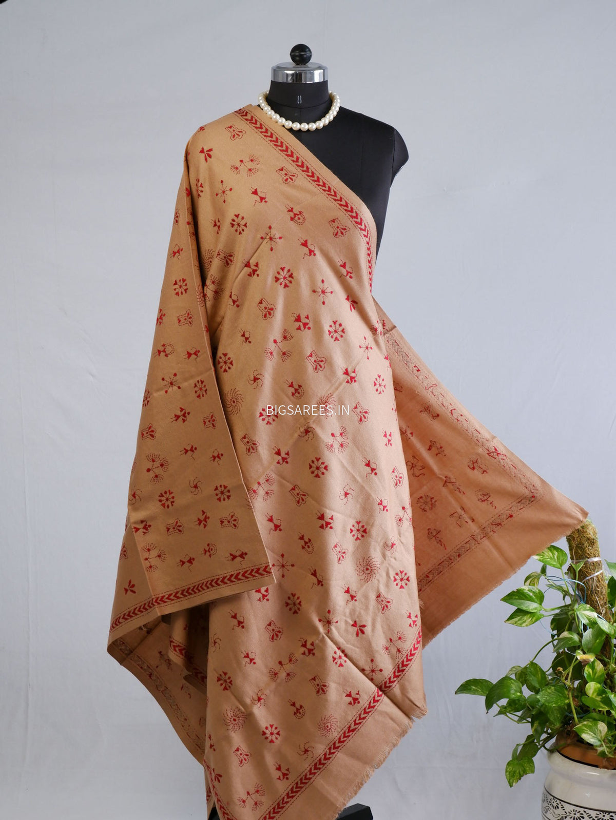 Kantha Stitch Hand-Embroidered Shawl | Woollen | Light Brown