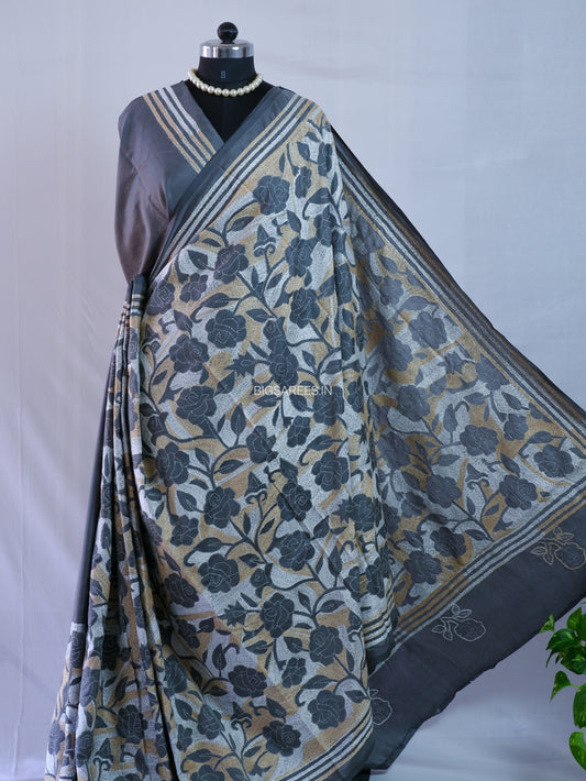 Kantha - Stitch Hand Embroidered Saree | Blended Bangalore Silk / Art Silk | Grey
