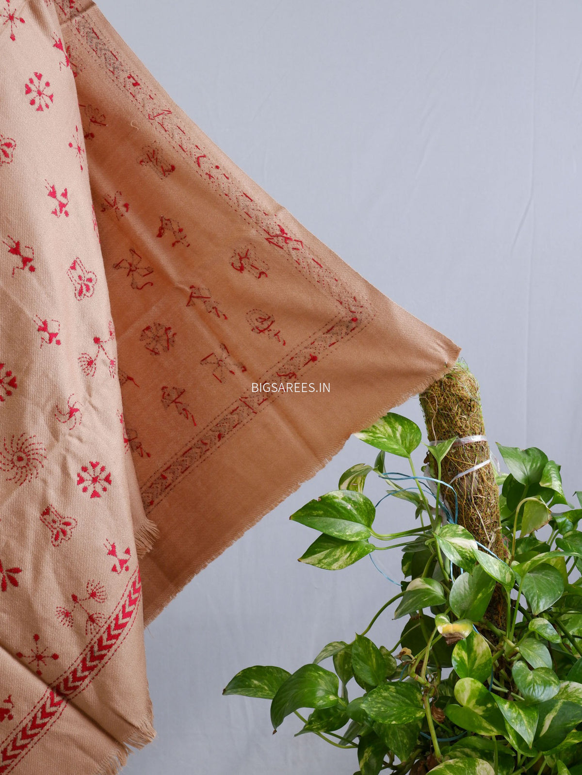 Kantha Stitch Hand-Embroidered Shawl | Woollen | Light Brown