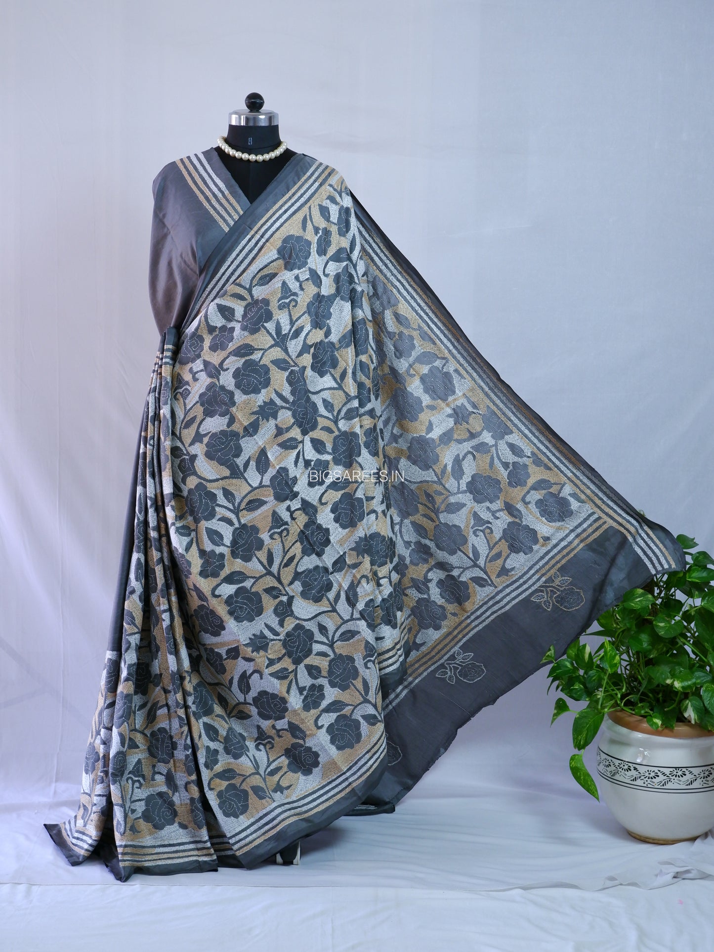 Kantha - Stitch Hand Embroidered Saree | Blended Bangalore Silk / Art Silk | Grey