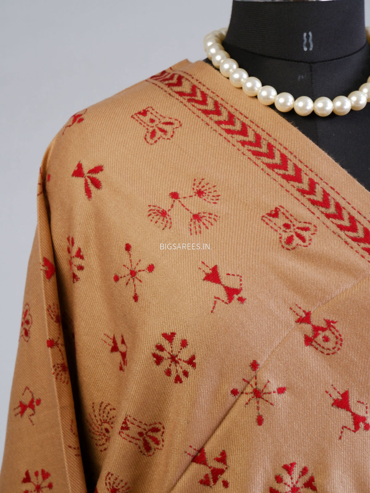 Kantha Stitch Hand-Embroidered Shawl | Woollen | Light Brown