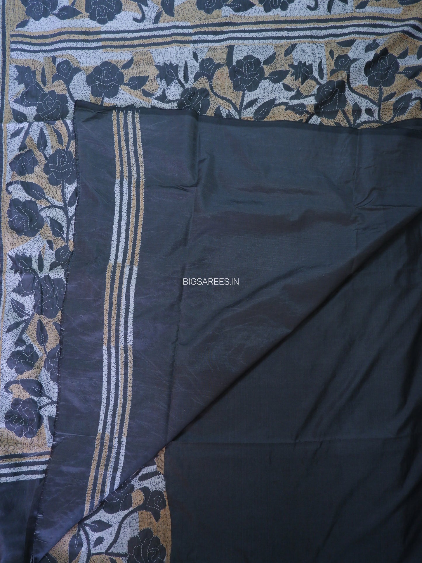 Kantha - Stitch Hand Embroidered Saree | Blended Bangalore Silk / Art Silk | Grey