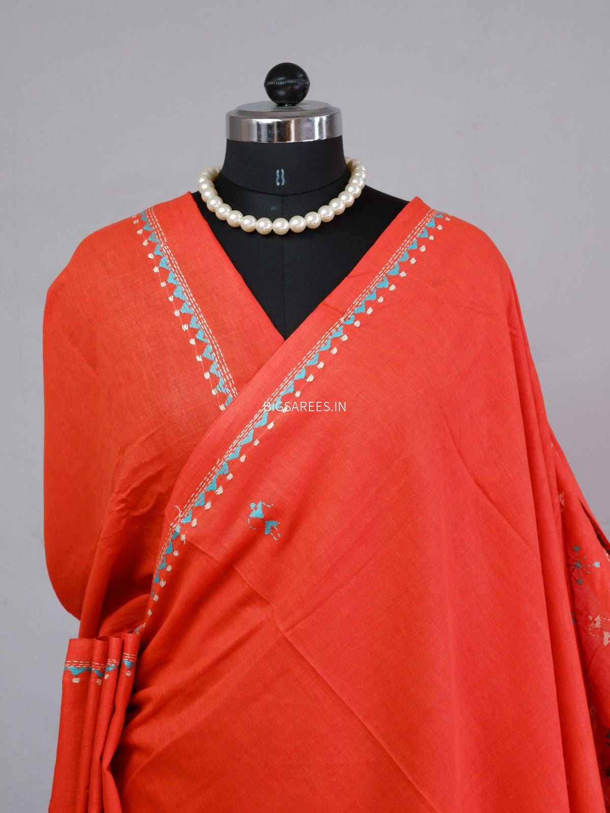 Kantha Hand-Embroidered Saree | Pure Mal Mal Cotton | Orange