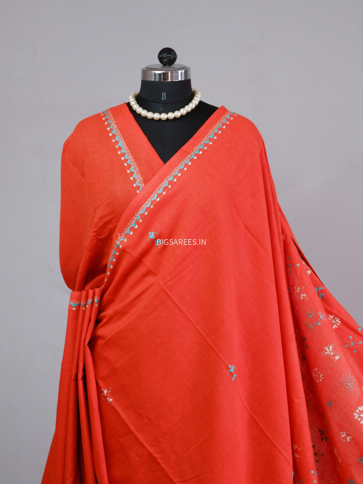 Kantha Hand-Embroidered Saree | Pure Mal Mal Cotton | Orange