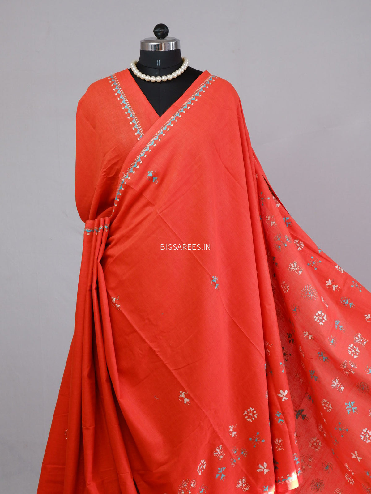 Kantha Hand-Embroidered Saree | Pure Mal Mal Cotton | Orange