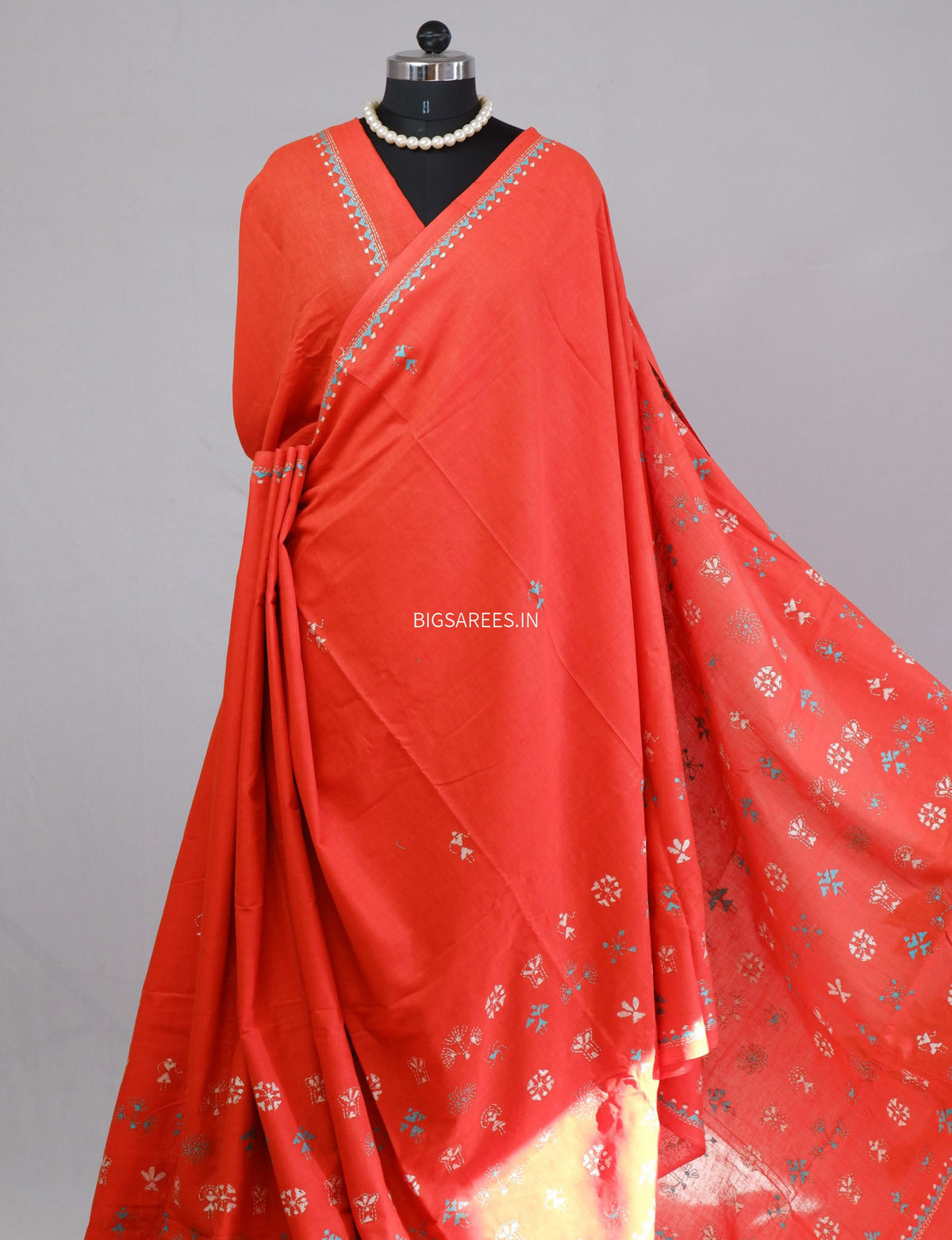 Kantha Hand-Embroidered Saree | Pure Mal Mal Cotton | Orange