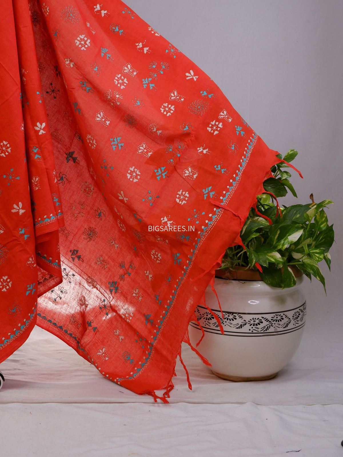 Kantha Hand-Embroidered Saree | Pure Mal Mal Cotton | Orange