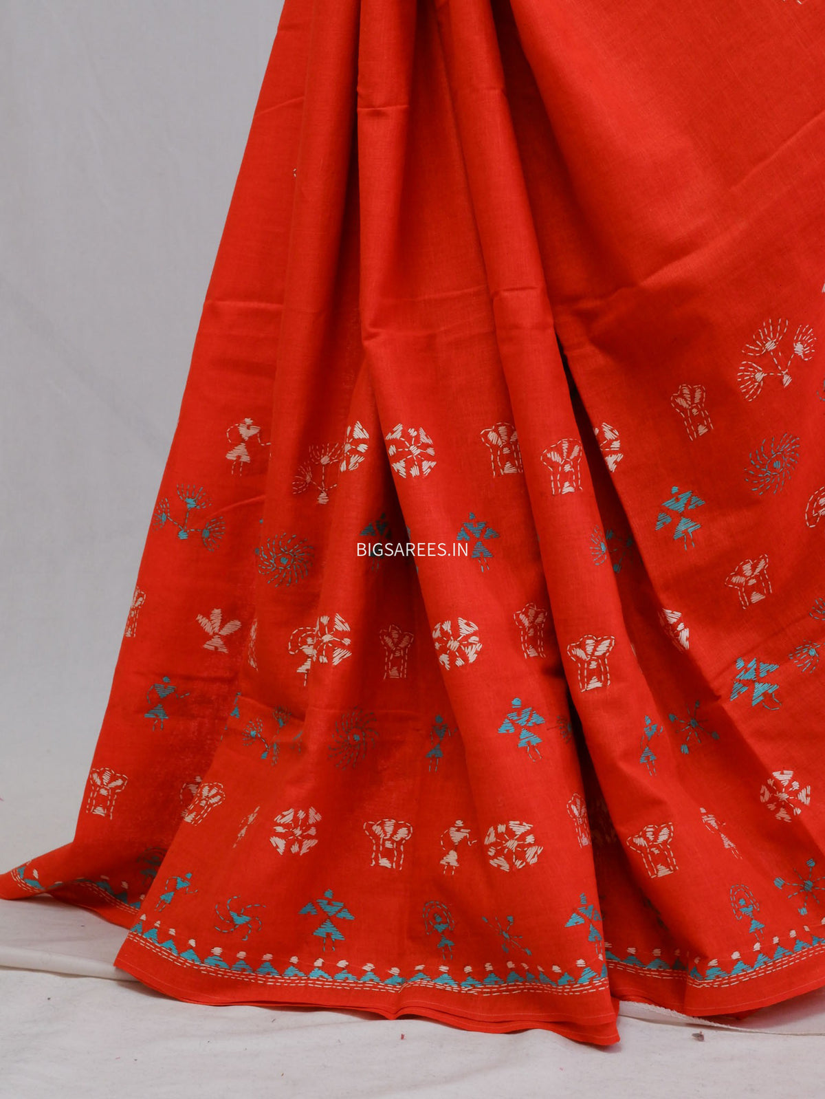 Kantha Hand-Embroidered Saree | Pure Mal Mal Cotton | Orange