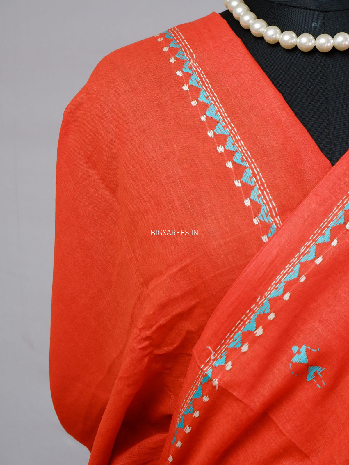 Kantha Hand-Embroidered Saree | Pure Mal Mal Cotton | Orange