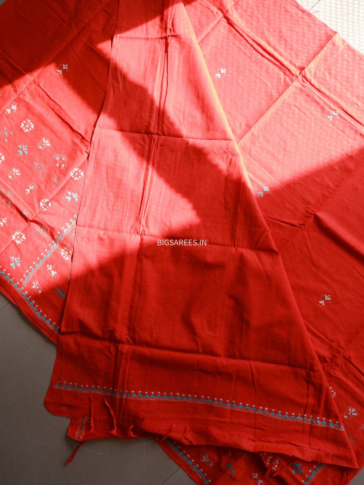 Kantha Hand-Embroidered Saree | Pure Mal Mal Cotton | Orange