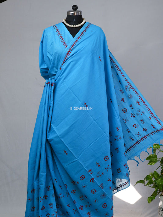Kantha Hand-Embroidered Saree | Pure Mal Mal Cotton | Blue
