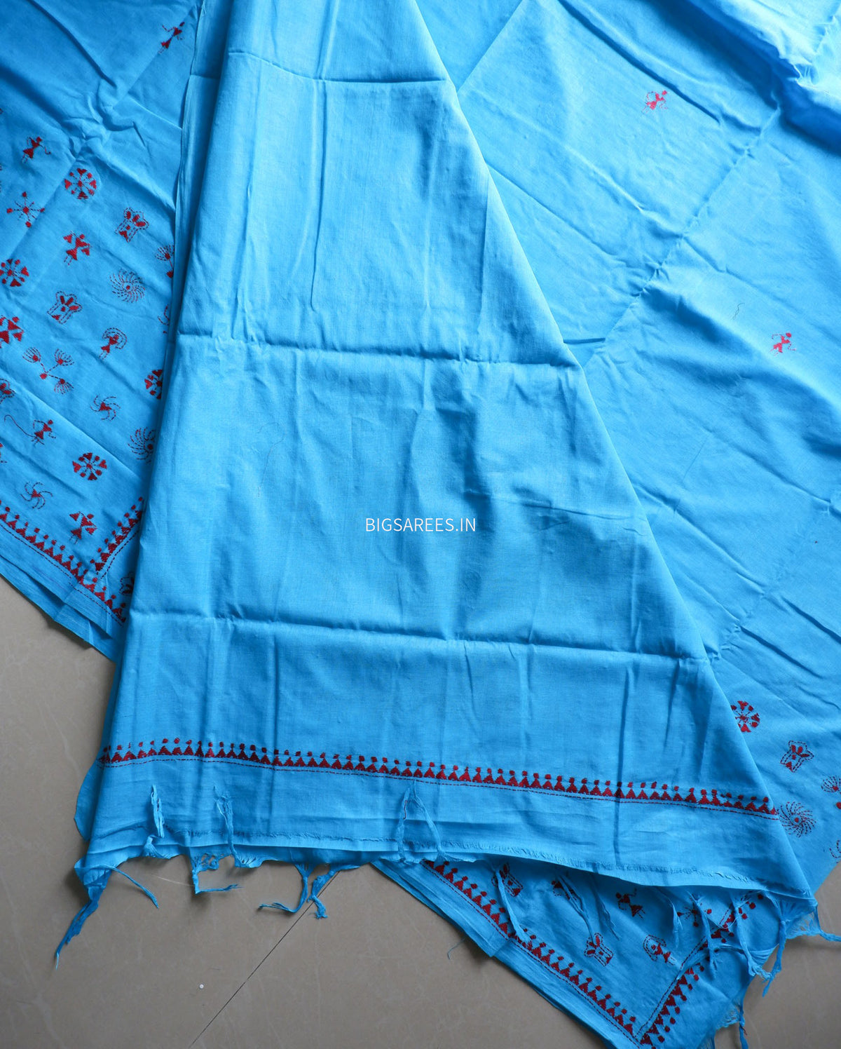 Kantha Hand-Embroidered Saree | Pure Mal Mal Cotton | Blue