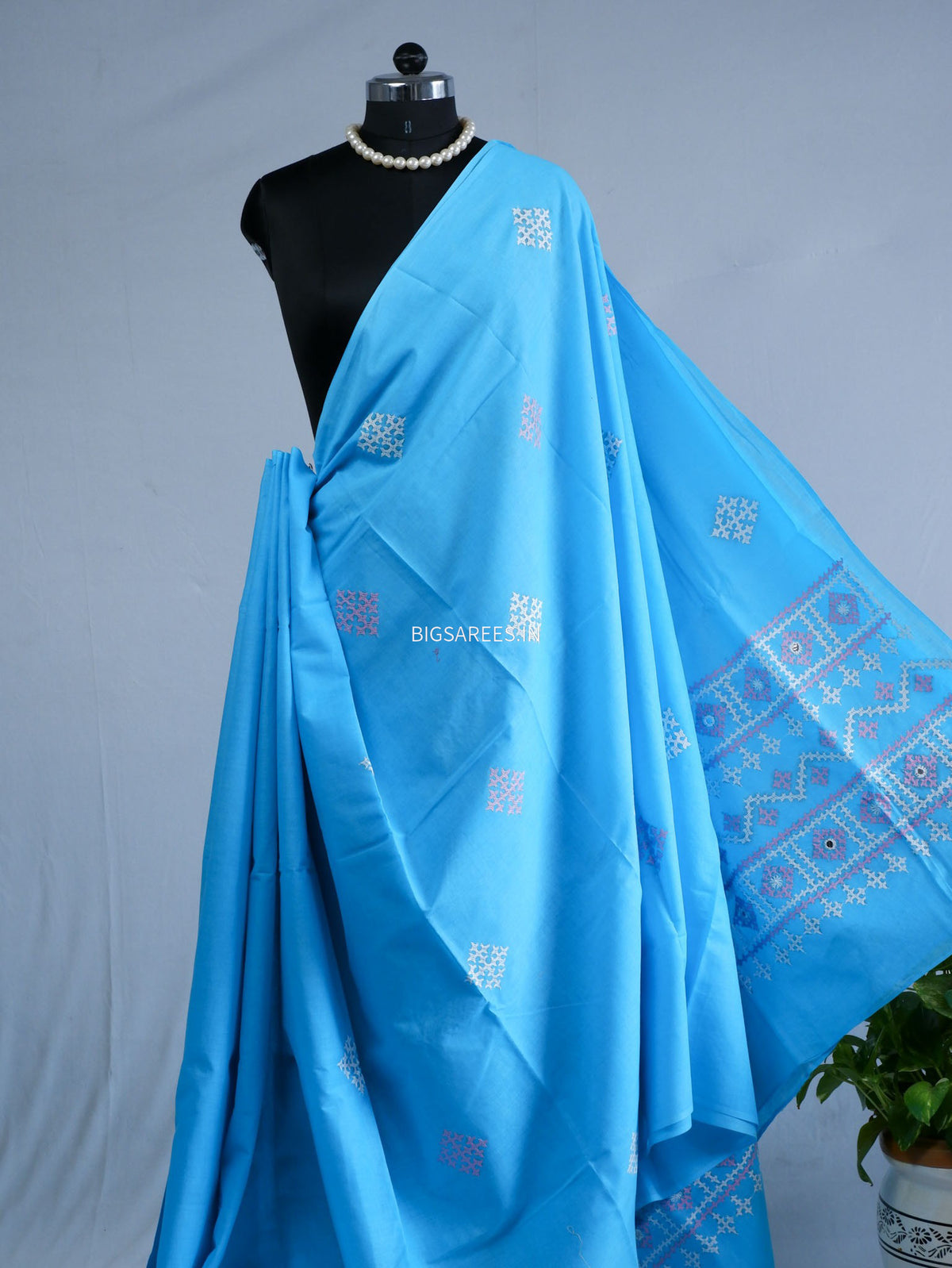 Kutchi Hand-Embroidered Saree | Pure Cotton | Blue