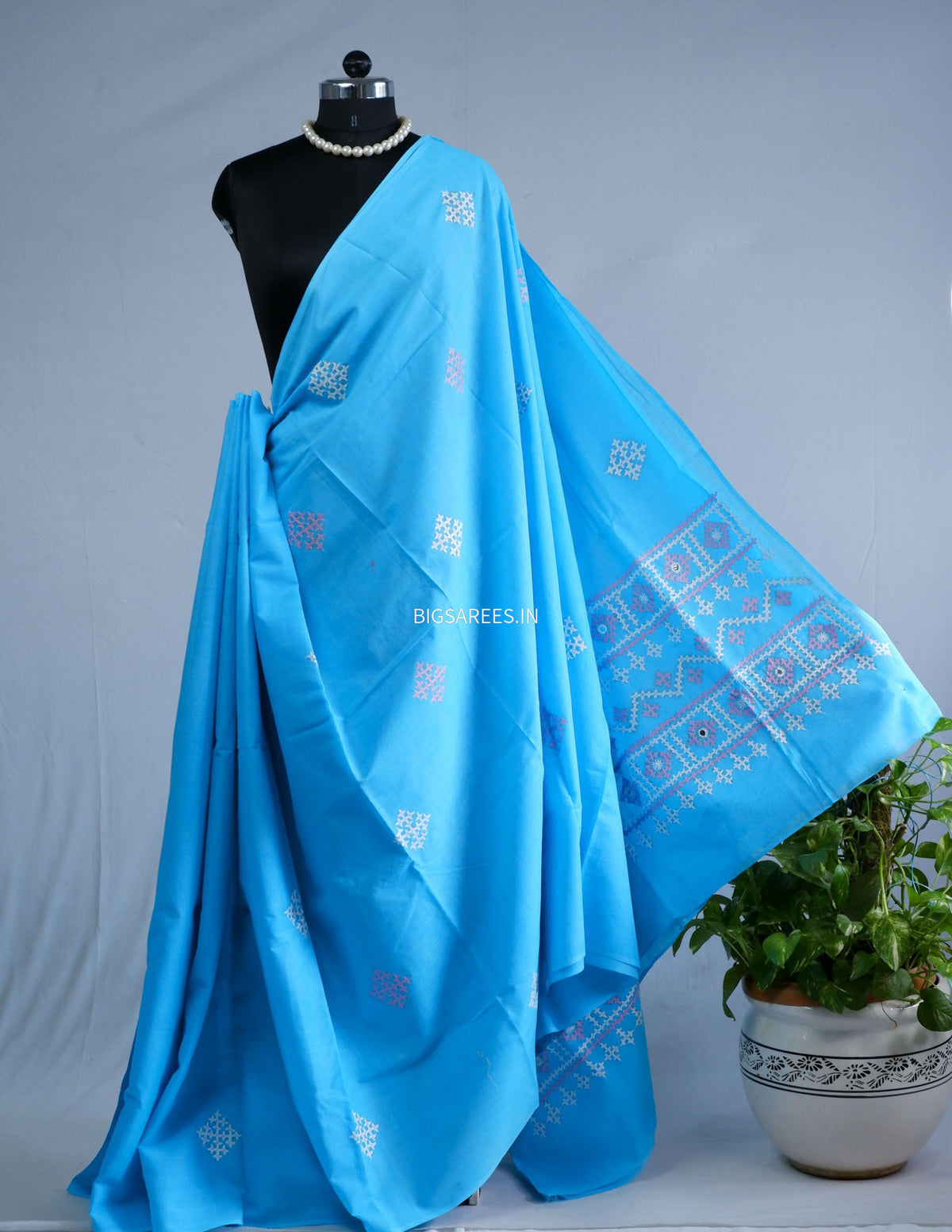 Kutchi Hand-Embroidered Saree | Pure Cotton | Blue