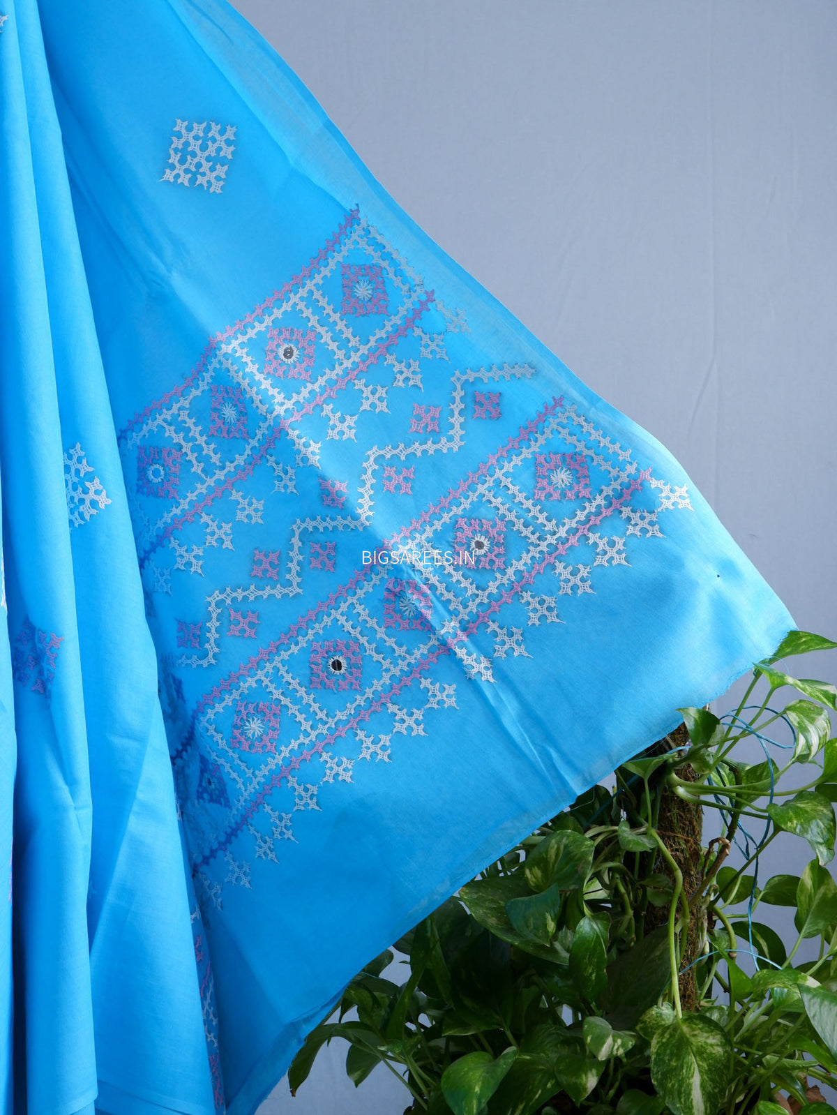 Kutchi Hand-Embroidered Saree | Pure Cotton | Blue