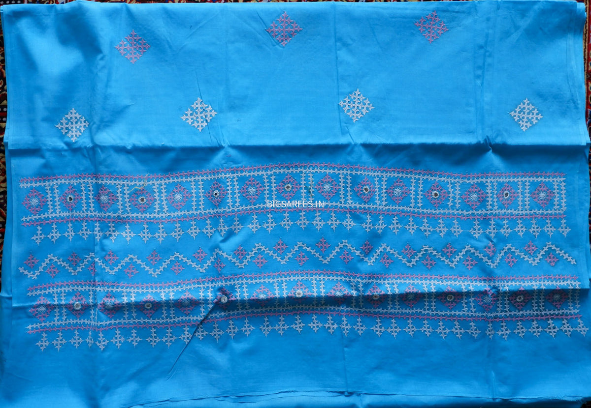 Kutchi Hand-Embroidered Saree | Pure Cotton | Blue