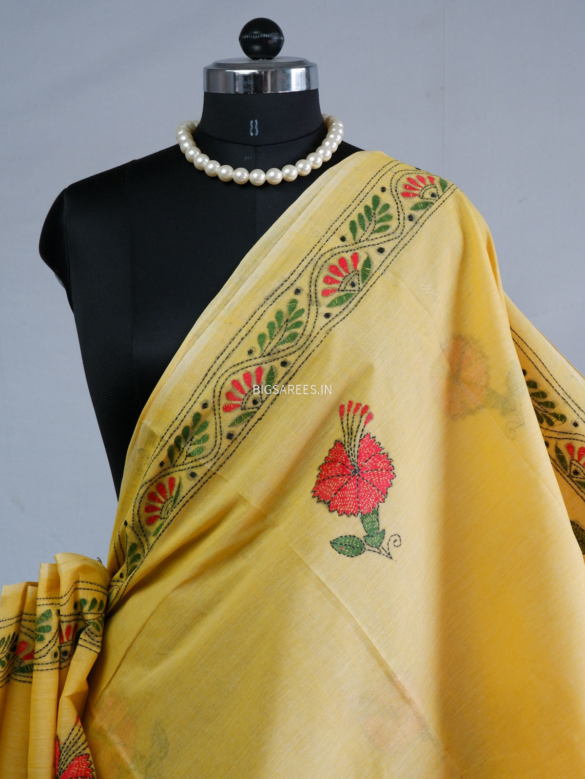 Kantha Hand-Embroidered Saree | Dhonekali Cotton | Yellow
