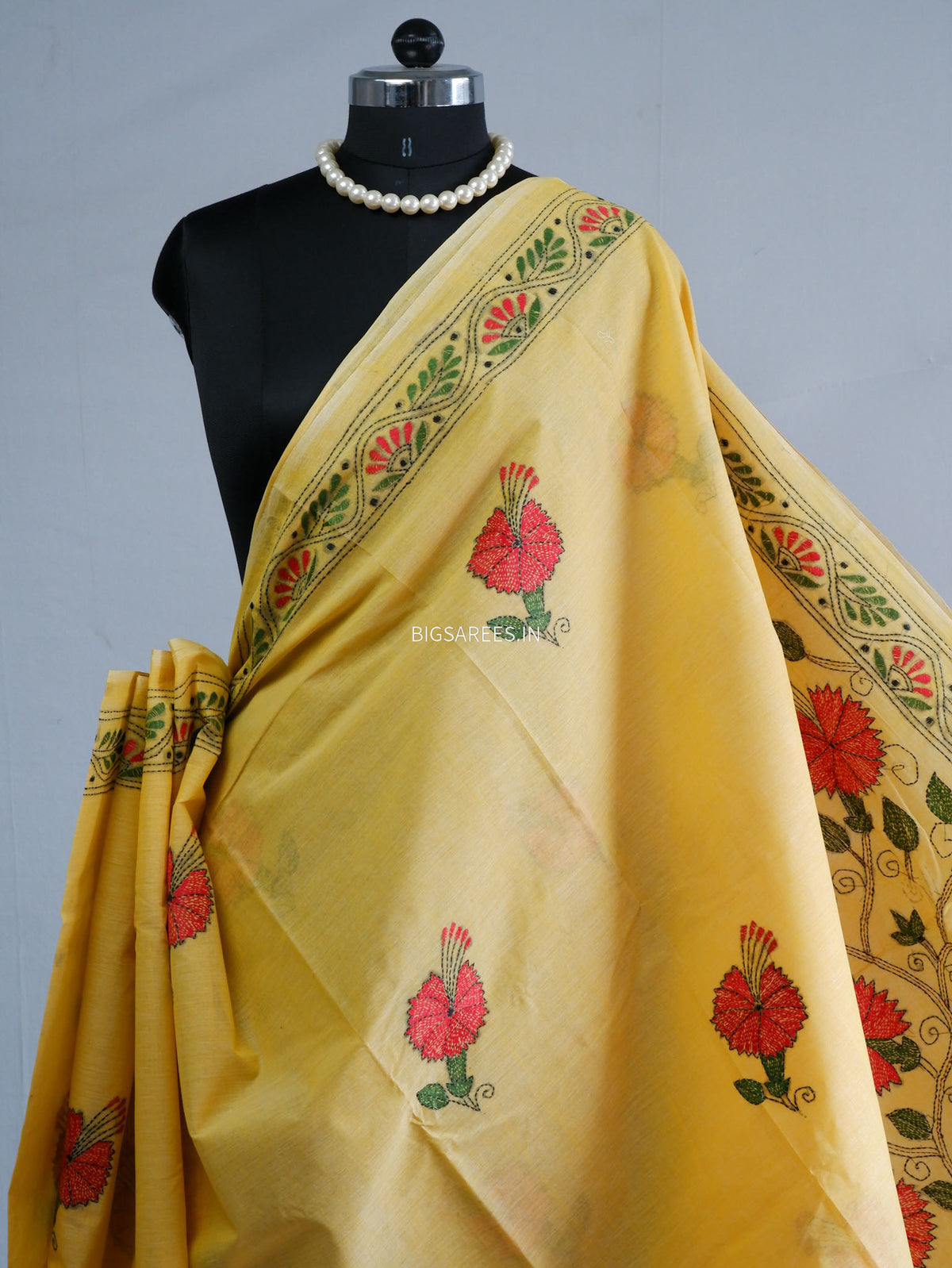 Kantha Hand-Embroidered Saree | Dhonekali Cotton | Yellow