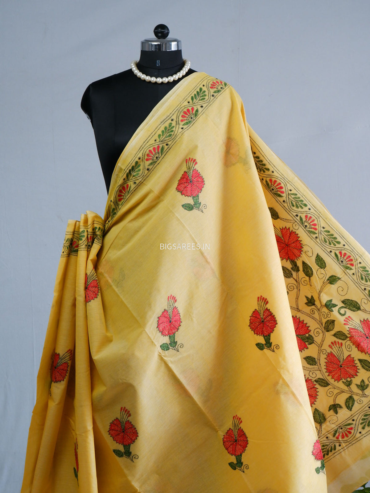 Kantha Hand-Embroidered Saree | Dhonekali Cotton | Yellow