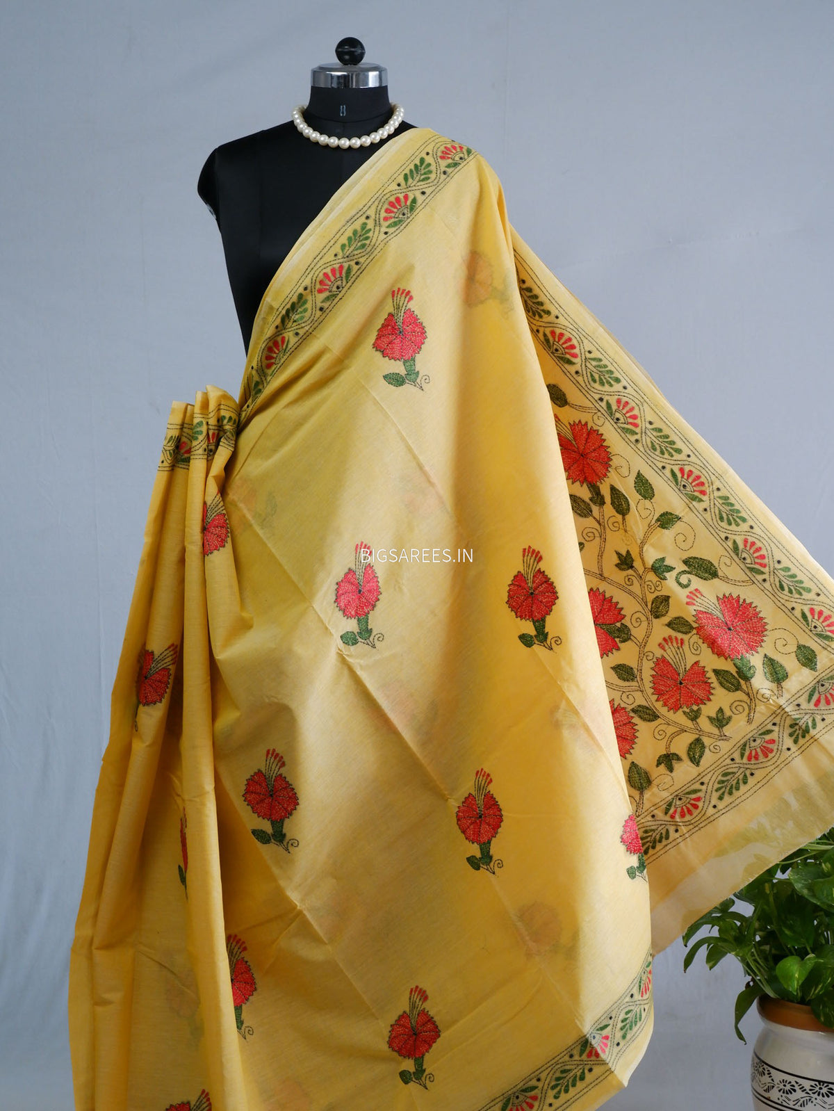 Kantha Hand-Embroidered Saree | Dhonekali Cotton | Yellow