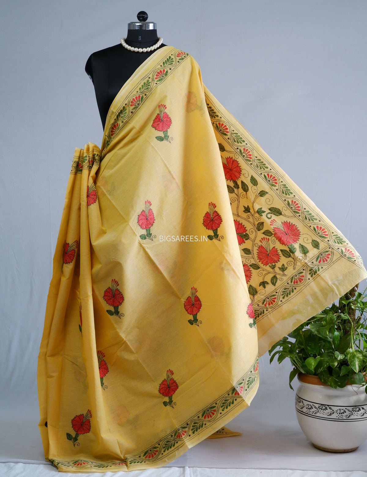 Kantha Hand-Embroidered Saree | Dhonekali Cotton | Yellow