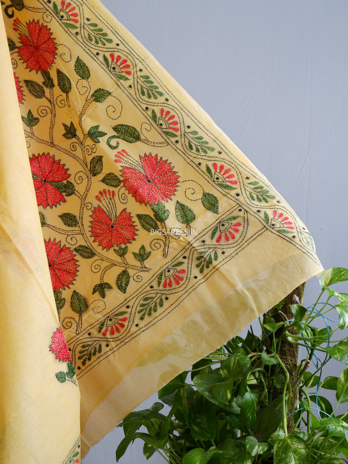 Kantha Hand-Embroidered Saree | Dhonekali Cotton | Yellow
