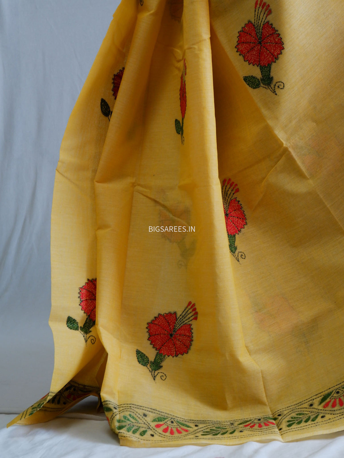 Kantha Hand-Embroidered Saree | Dhonekali Cotton | Yellow
