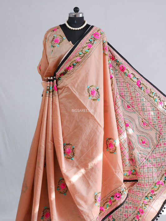 Phulkari Hand-Embroidered Saree | Chanderi Silk | Peachy Pink