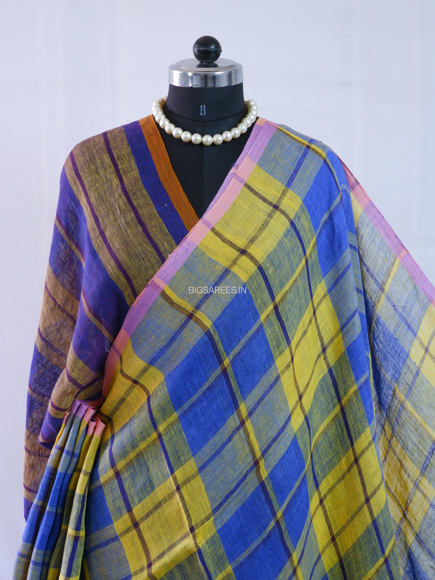 Pure Jayshree Linen Saree | Checks | Blue - Yellow