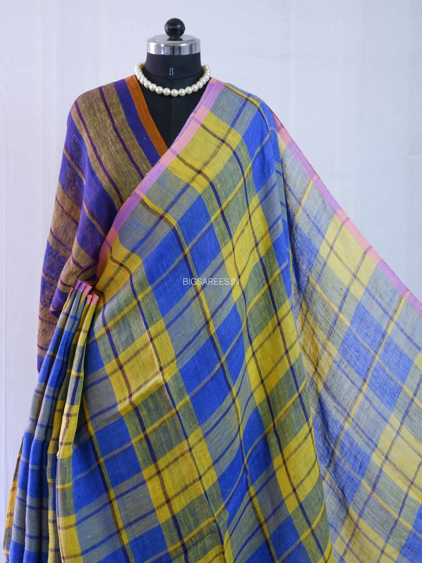 Pure Jayshree Linen Saree | Checks | Blue - Yellow