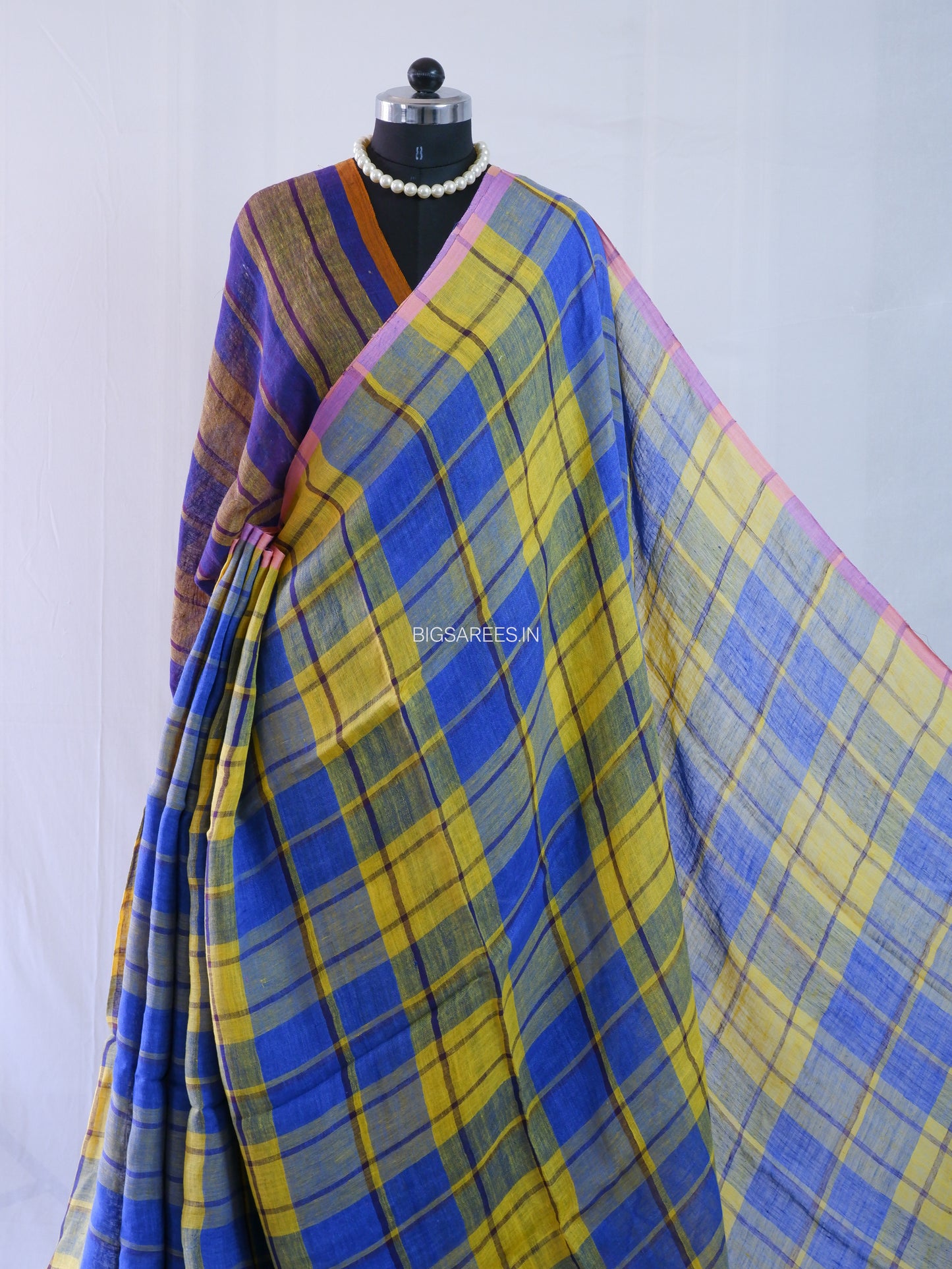 Pure Jayshree Linen Saree | Checks | Blue - Yellow