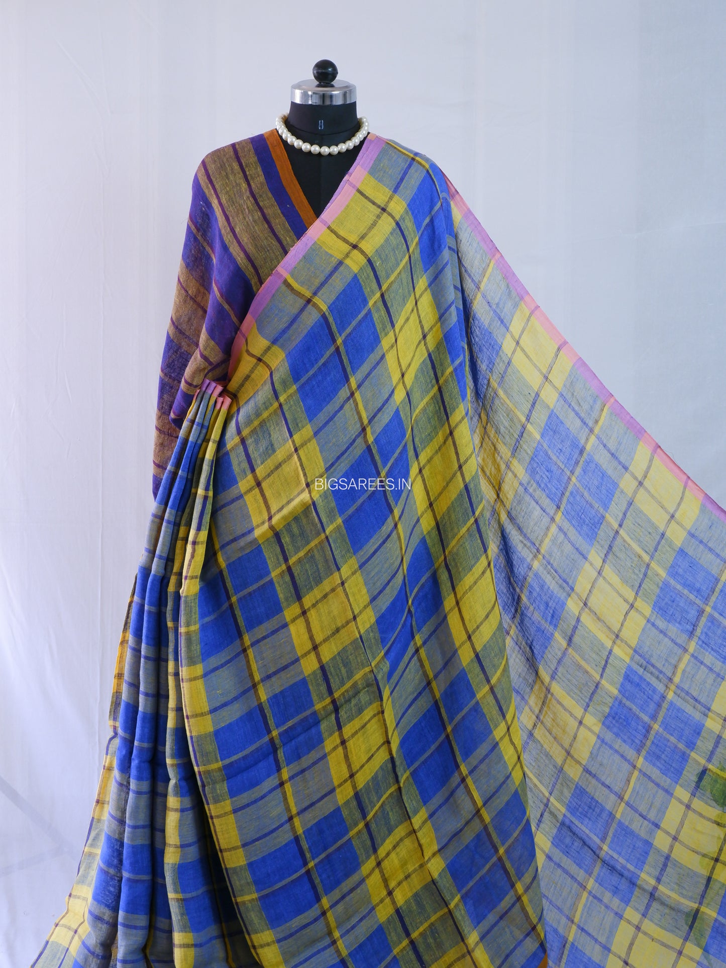 Pure Jayshree Linen Saree | Checks | Blue - Yellow
