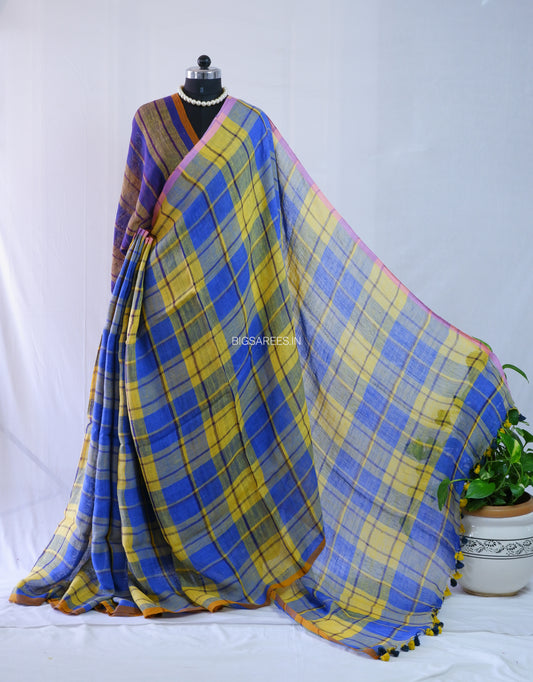 Pure Jayshree Linen Saree | Checks | Blue - Yellow
