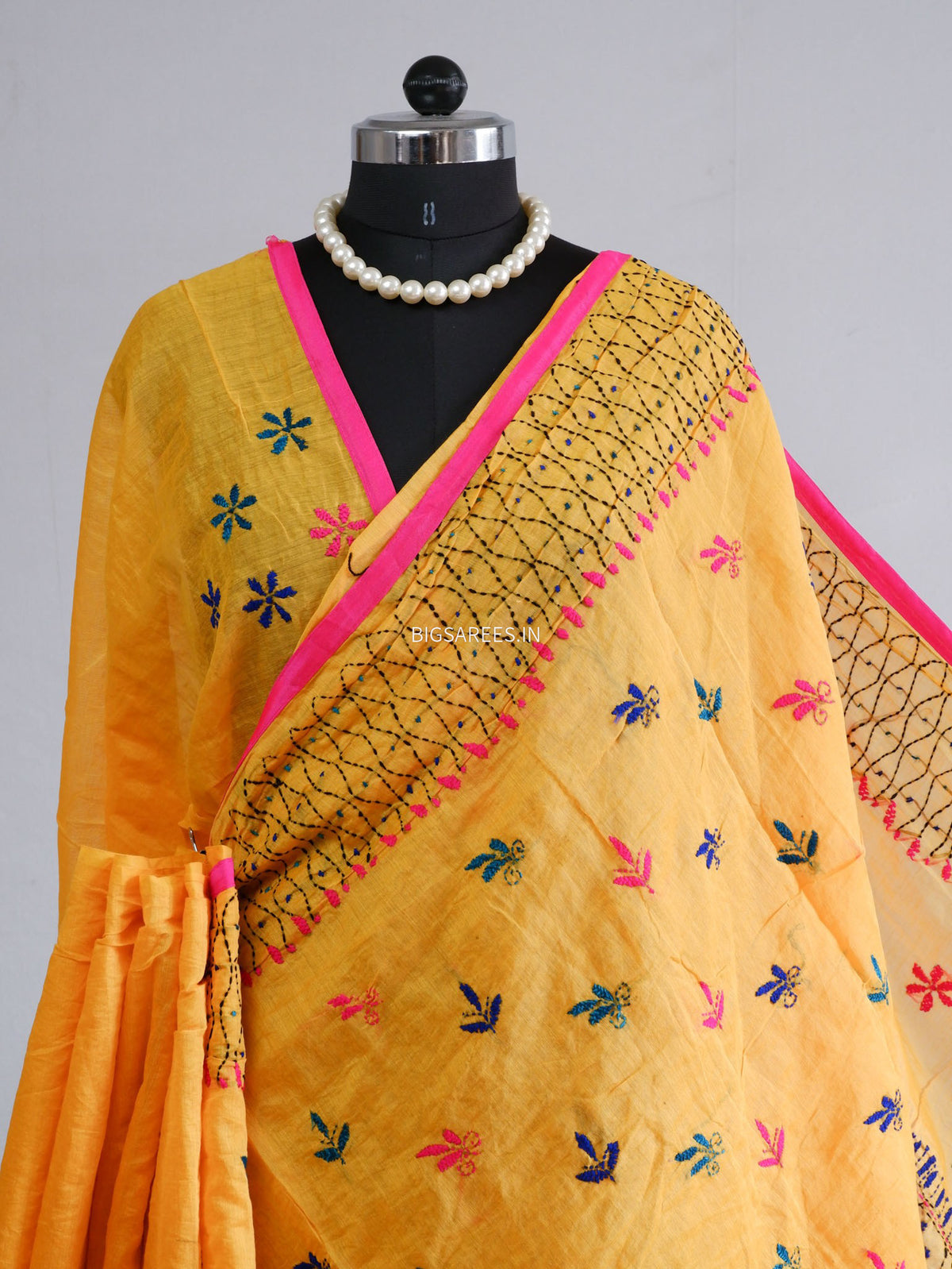 Phulkari Hand-Embroidered Saree | Chanderi Silk | Yellow