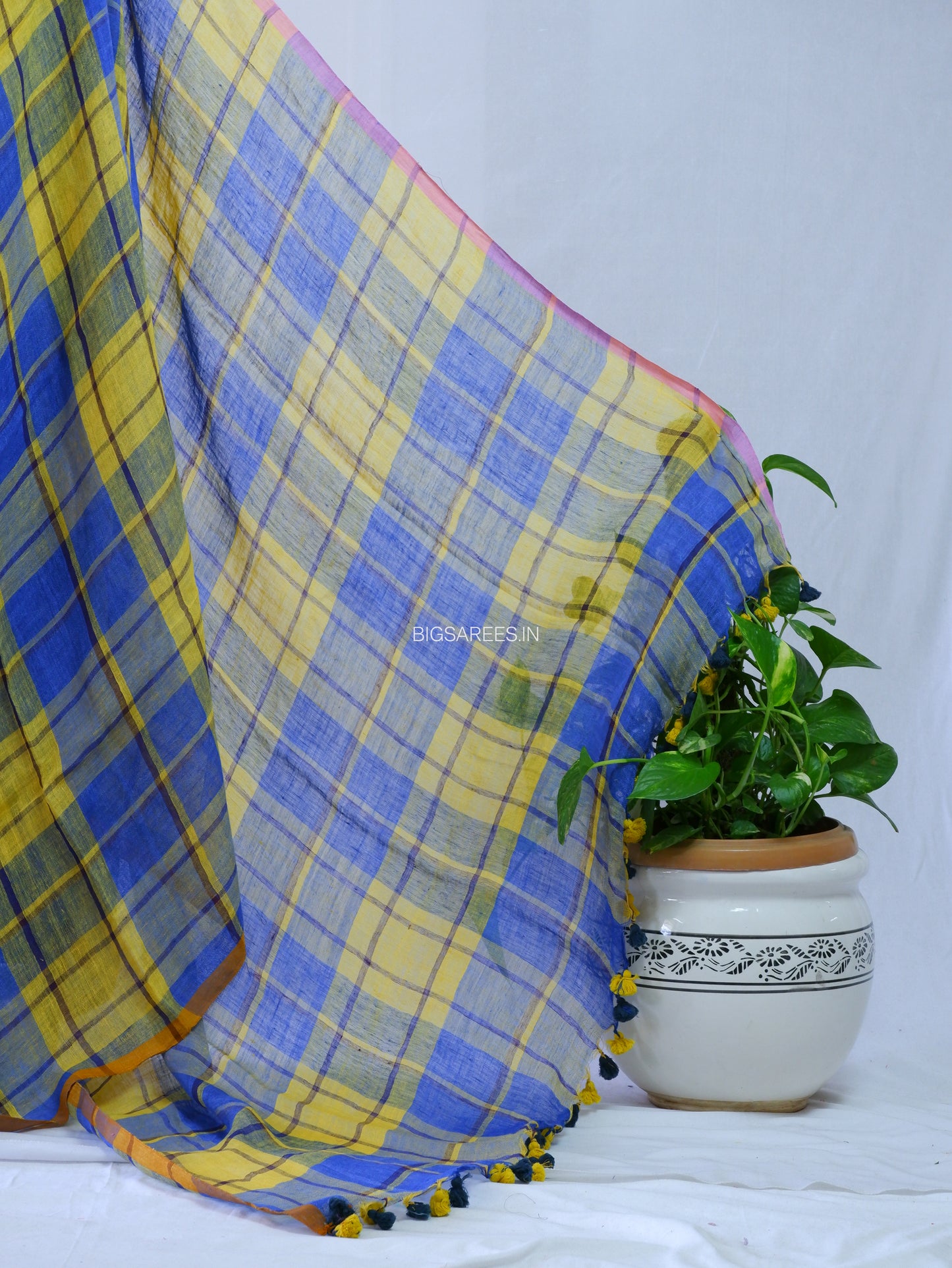 Pure Jayshree Linen Saree | Checks | Blue - Yellow