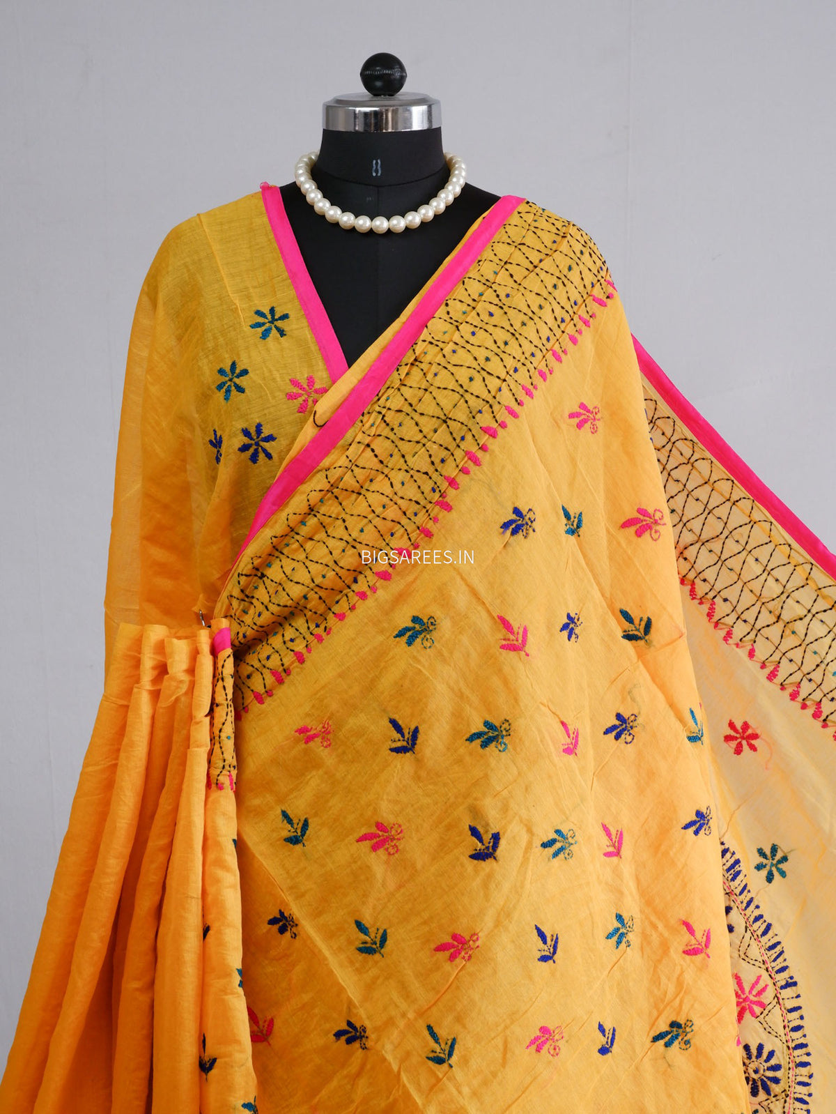 Phulkari Hand-Embroidered Saree | Chanderi Silk | Yellow