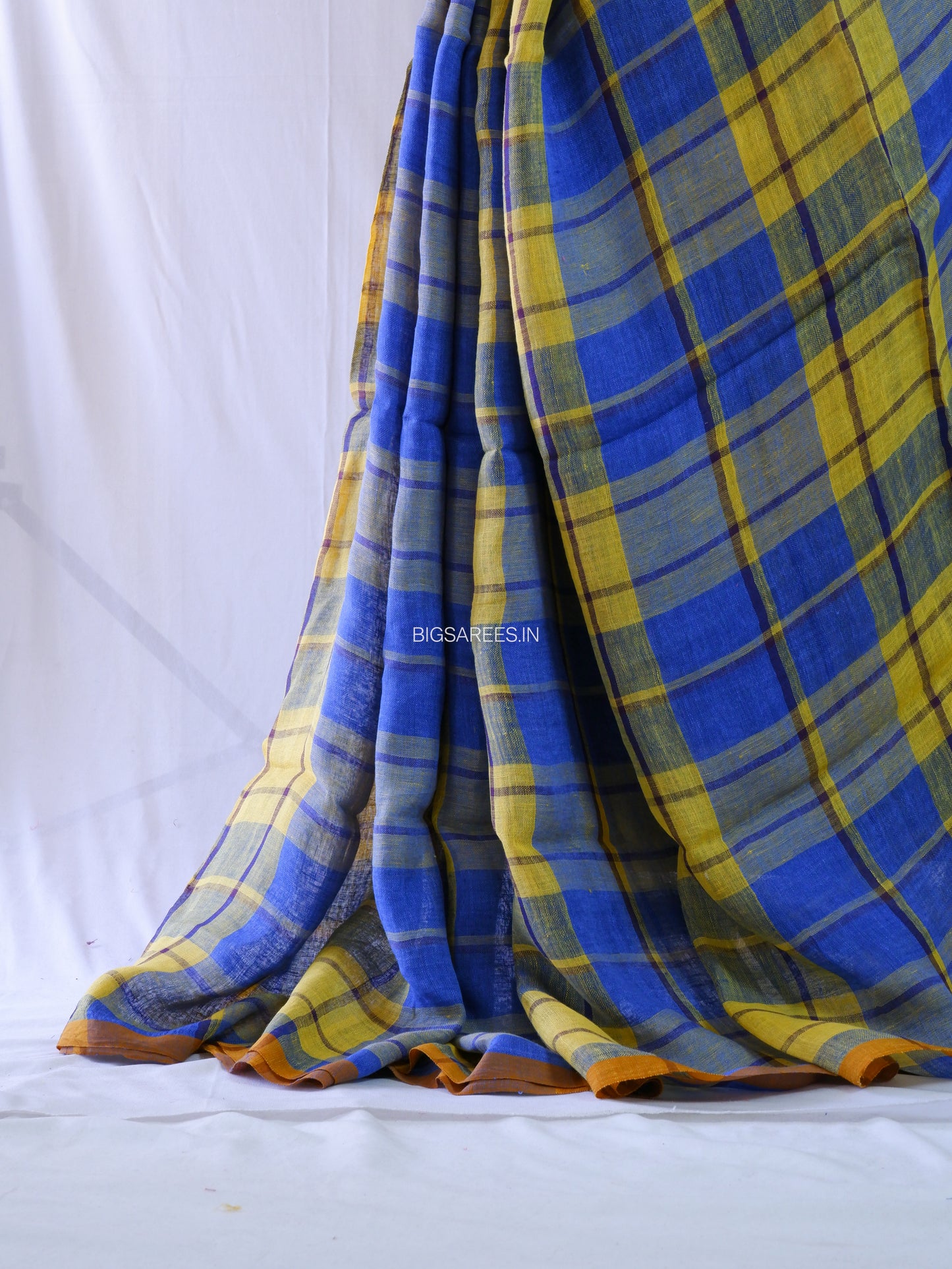 Pure Jayshree Linen Saree | Checks | Blue - Yellow