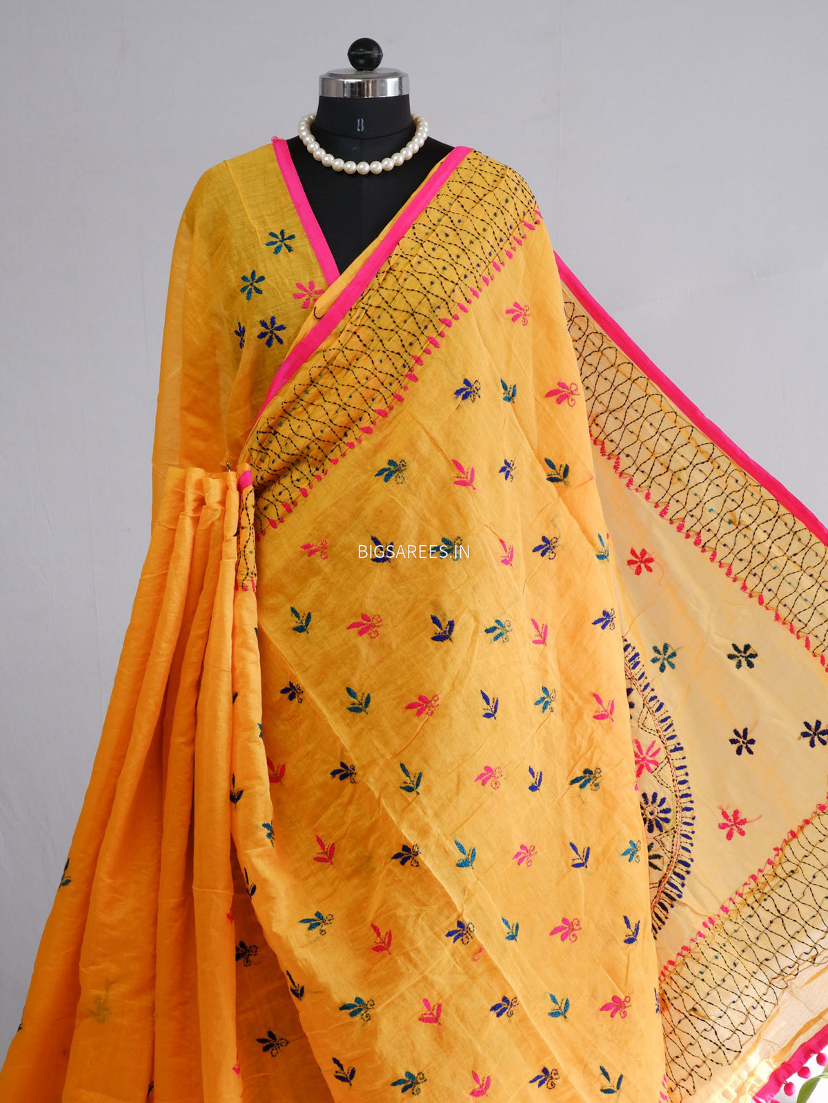 Phulkari Hand-Embroidered Saree | Chanderi Silk | Yellow