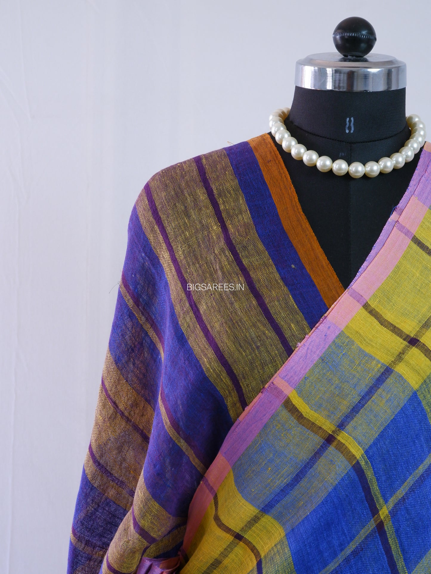 Pure Jayshree Linen Saree | Checks | Blue - Yellow