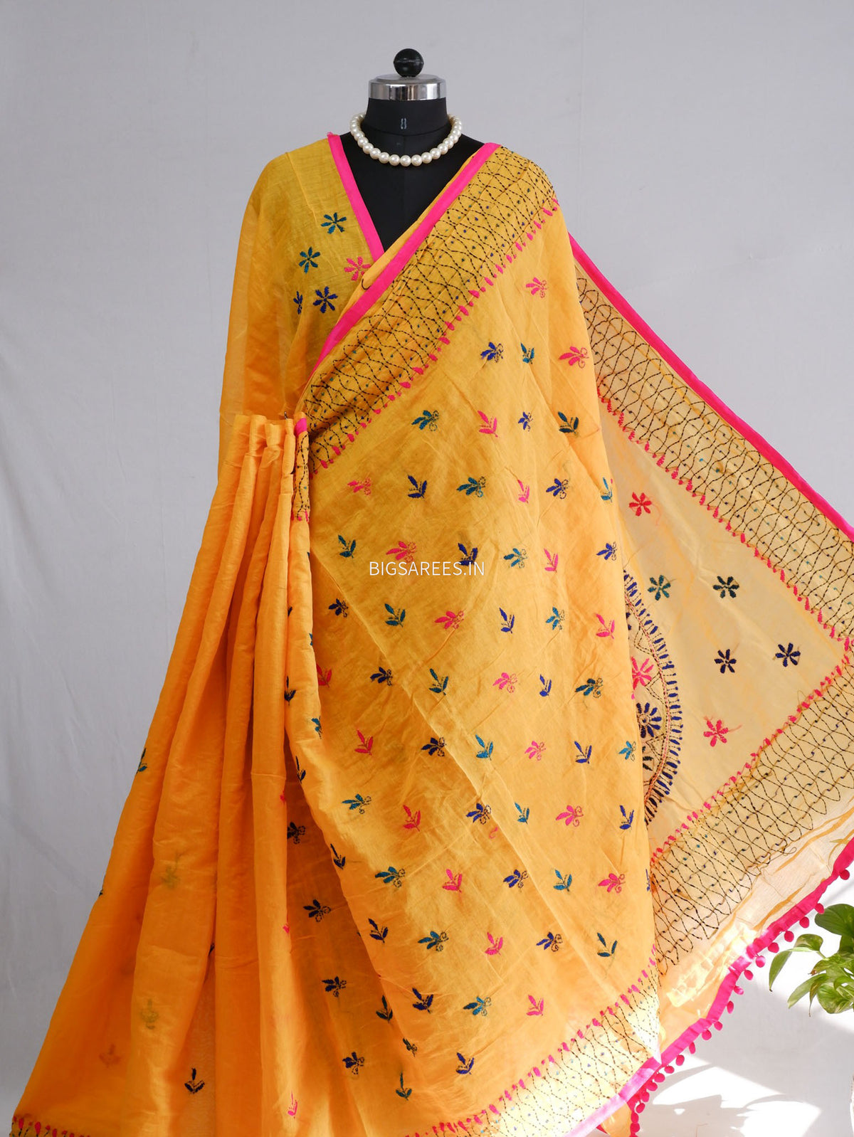 Phulkari Hand-Embroidered Saree | Chanderi Silk | Yellow