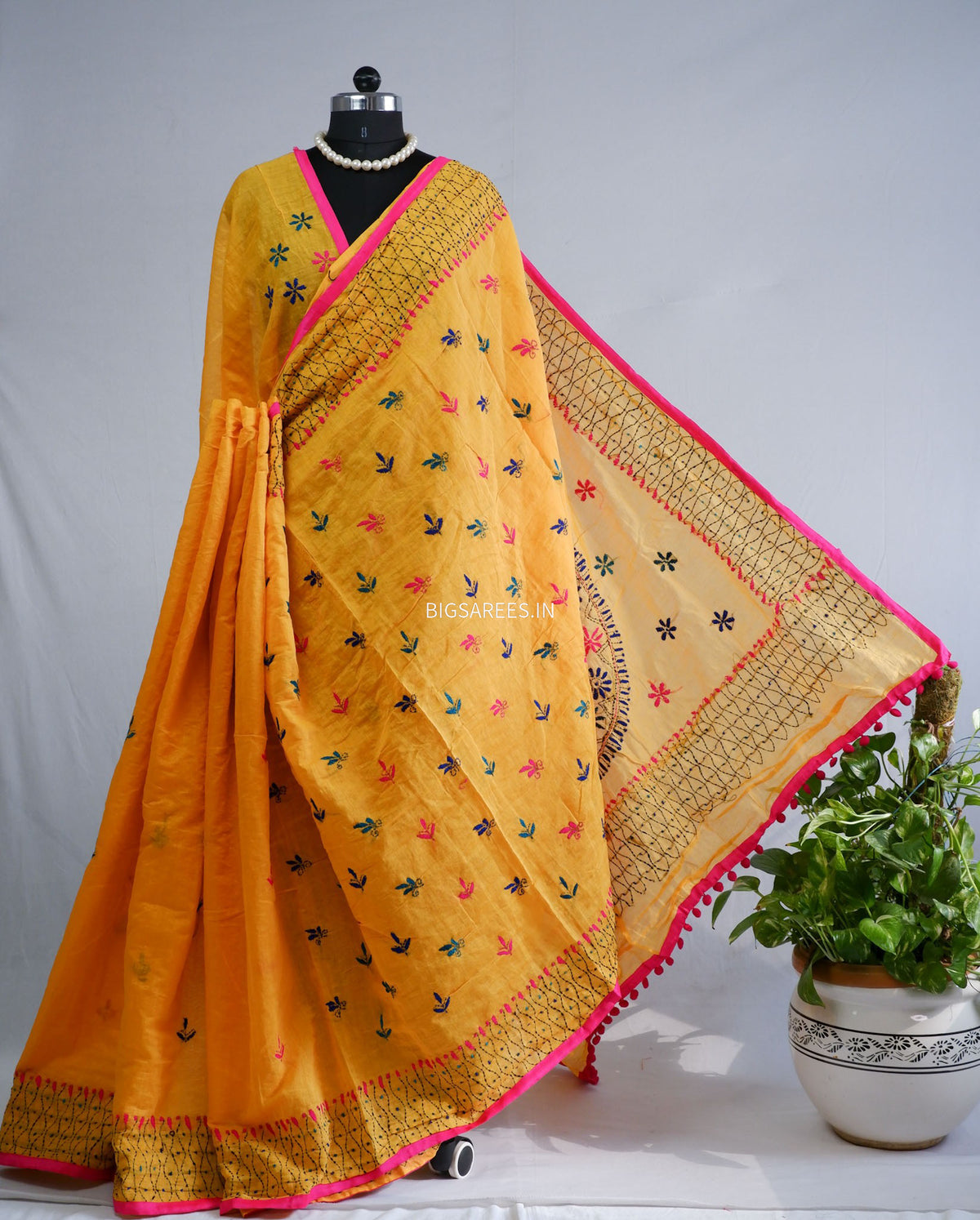 Phulkari Hand-Embroidered Saree | Chanderi Silk | Yellow