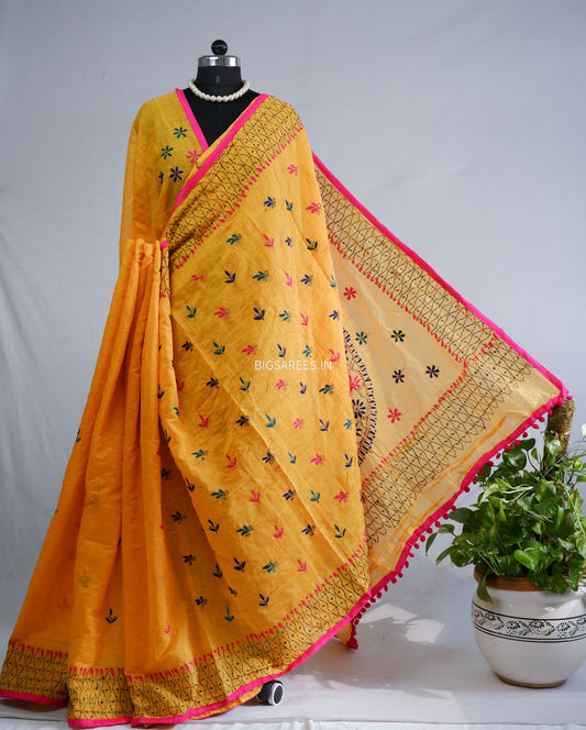 Phulkari Hand-Embroidered Saree | Chanderi Silk | Yellow