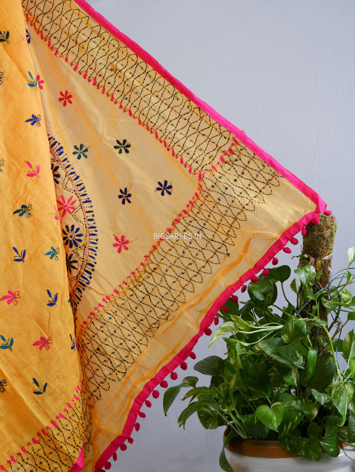 Phulkari Hand-Embroidered Saree | Chanderi Silk | Yellow